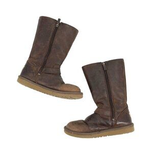 UGG Australia Kids 2 Kensington Brown Leather Mid-Calf Boots Shearling Lined
